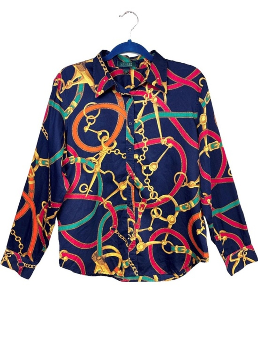 Lauren Ralph Lauren XL Equestrian Horse Bit Chain Print Blouse Button Up Shirt